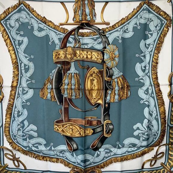 Hermes Bride de Cour Brown, Blue, White, and Gold 100% Silk Scarf 90cm Square - Picture 4 of 16